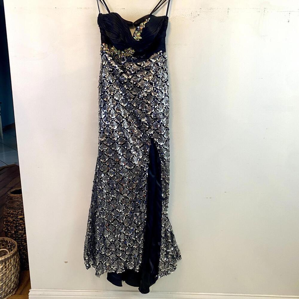 SEAN COLLECTION black and silver sequin maxi strapless dress
